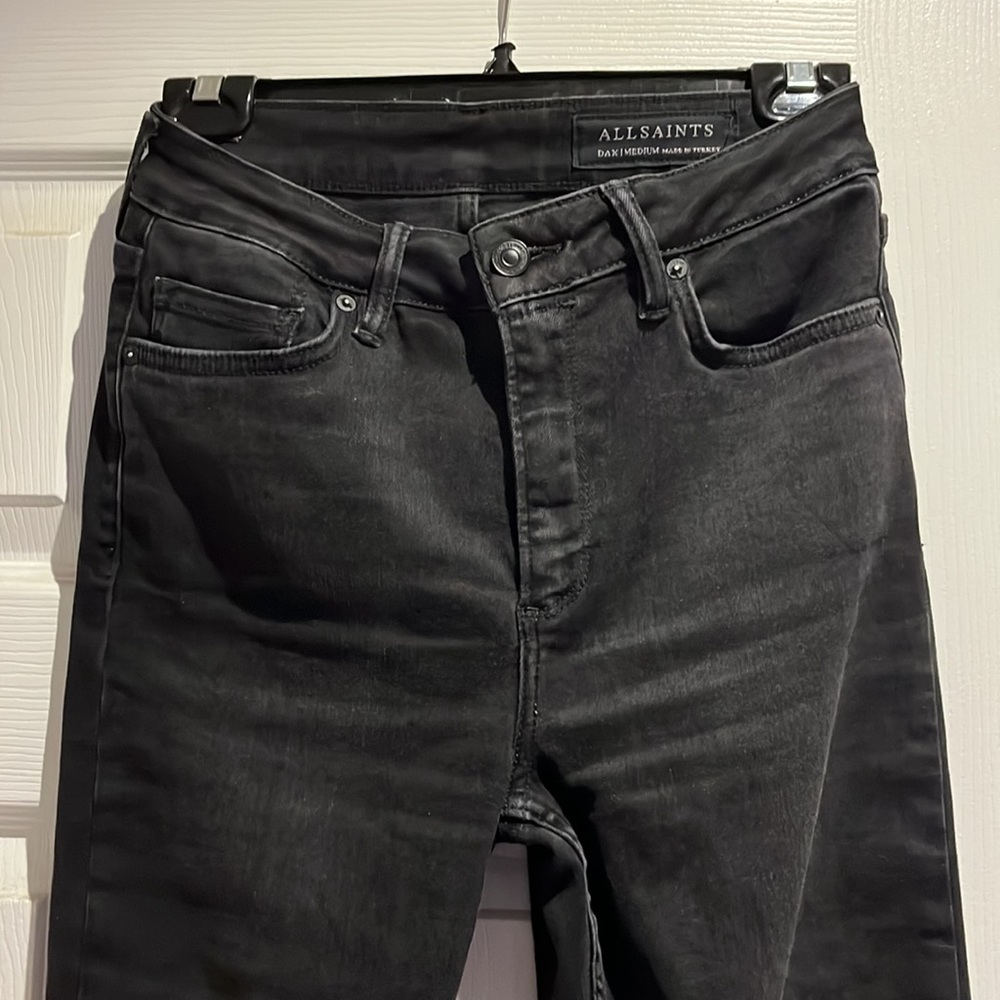 AllSaints black soft stretch mid rise distressed jeans